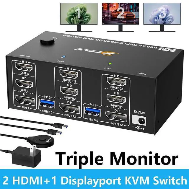 Main image of WRIARICH 2 HDMI + Displayport KVM Switch 3 Monitors 2 Computers 8K@60Hz 4K@144Hz, Triple Monitor KVM Swtiches for 2 PC Share 3 Monitor and 4 USB Port, Support Extended & MirrorMode, with Wired Remote