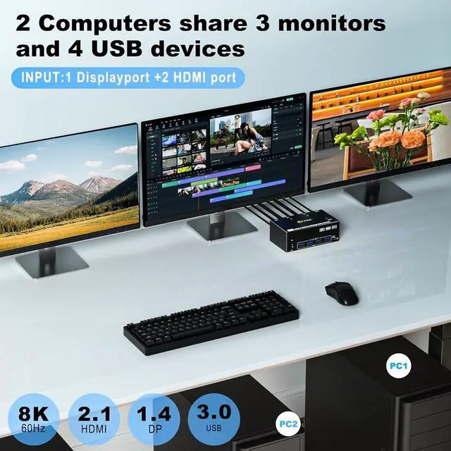 Alt view image 2 of 7 - WRIARICH 2 HDMI + Displayport KVM Switch 3 Monitors 2 Computers 8K@60Hz 4K@144Hz, Triple Monitor KVM Swtiches for 2 PC Share 3 Monitor and 4 USB Port, Support Extended & MirrorMode, with Wired Remote