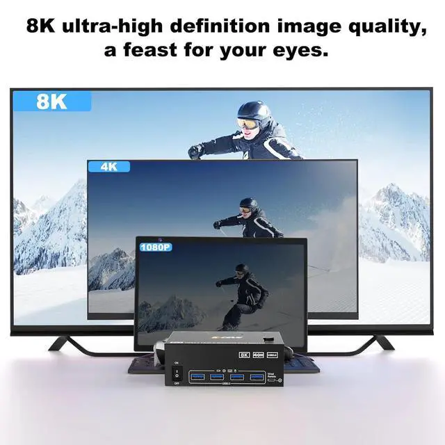 Alt view image 6 of 7 - WRIARICH 2 HDMI + Displayport KVM Switch 3 Monitors 2 Computers 8K@60Hz 4K@144Hz, Triple Monitor KVM Swtiches for 2 PC Share 3 Monitor and 4 USB Port, Support Extended & MirrorMode, with Wired Remote