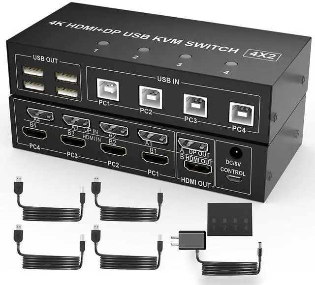 Main image of WRIARICH 4 Port HDMI + DisplayPort KVM Switch Dual Monitor, UHD 4K@60Hz, KVM Switch 2 Monitors 4 Computers with 4 USB 2.0 Hub, Keyboard Video Mouse Peripherals Switcher for 4 PCs Dual Monitors