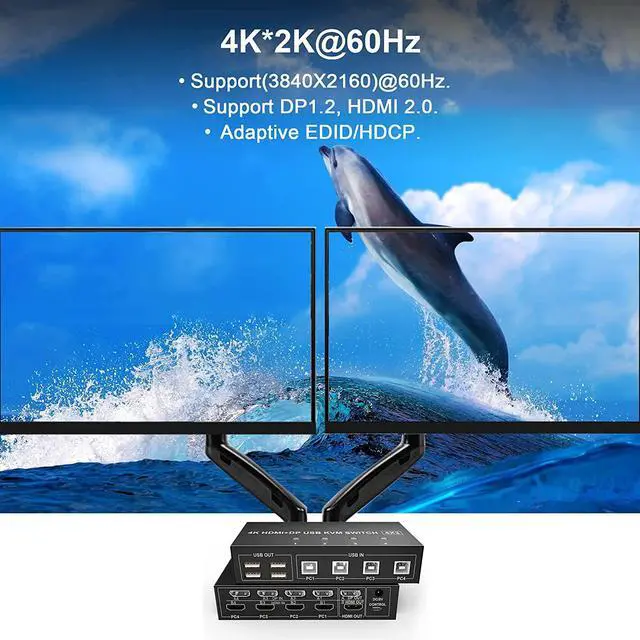 Alt view image 4 of 7 - WRIARICH 4 Port HDMI + DisplayPort KVM Switch Dual Monitor, UHD 4K@60Hz, KVM Switch 2 Monitors 4 Computers with 4 USB 2.0 Hub, Keyboard Video Mouse Peripherals Switcher for 4 PCs Dual Monitors