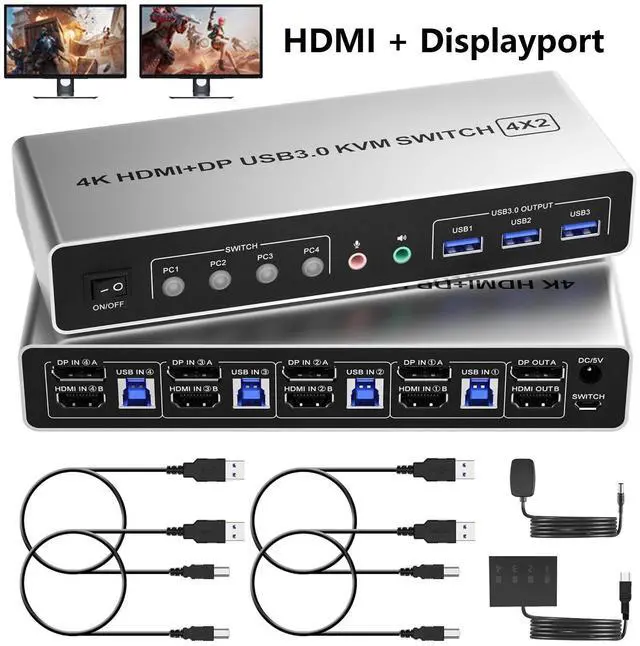 Main image of Displayport HDMI KVM Switch 2 Monitors 4 Computers, 4K@60Hz Dual Monitor KVM Switch for 4 Computers Share 2 Monitors + 3 USB 3.0 Ports + Audio + Mic, 4 Ports HDMI + DP KVM Switches for 4 PCs