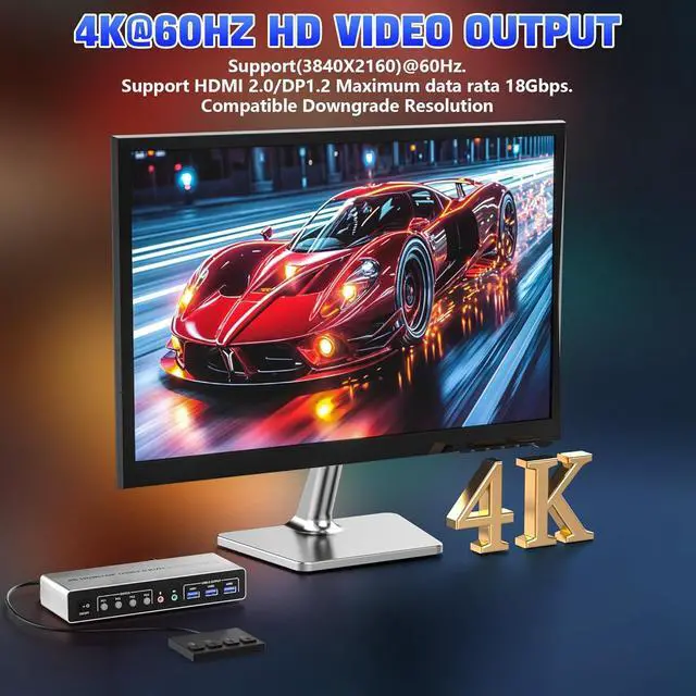 Alt view image 5 of 7 - Displayport HDMI KVM Switch 2 Monitors 4 Computers, 4K@60Hz Dual Monitor KVM Switch for 4 Computers Share 2 Monitors + 3 USB 3.0 Ports + Audio + Mic, 4 Ports HDMI + DP KVM Switches for 4 PCs