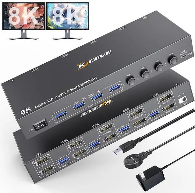 Main image of WRIARICH 8K DisplayPort KVM Switch 2 Monitors 4 Computers, Dual Monitor KVM Switch Displayport USB 3.0, Support 8K@30Hz, 4k@144Hz, for 4 Computer Share 2 Display, Wired Remote and USB Cables Included