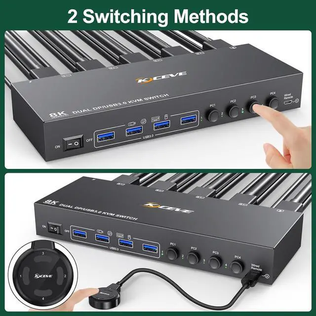 Alt view image 6 of 7 - WRIARICH 8K DisplayPort KVM Switch 2 Monitors 4 Computers, Dual Monitor KVM Switch Displayport USB 3.0, Support 8K@30Hz, 4k@144Hz, for 4 Computer Share 2 Display, Wired Remote and USB Cables Included