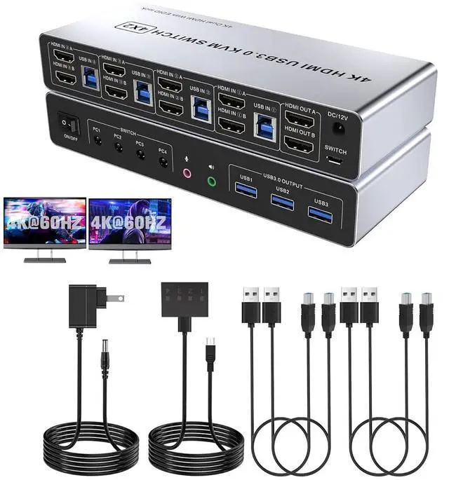 Main image of USB 3.0 HDMI KVM Switch for 4 Computers and 2 Monitors, 4 Ports HDMI Dual Monitor KVM Switch, 4K@60Hz Support with EDID, Audio & Microphone Output, and 3 USB 3.0 Ports, With Desktop Controller