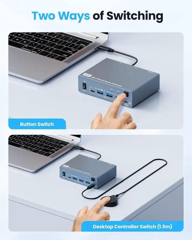 Alt view image 7 of 7 - WRIARICH USB C HDMI KVM Switch 2 Monitors 2 Computers, 4 USB 3.0 Ports 4K@60Hz KVM Switches for 1 Laptop & 1 Desktop Sharing 2 Monitors Keyboard Mouse Printer, 80W PD Charging, Remote & USB-C Cables
