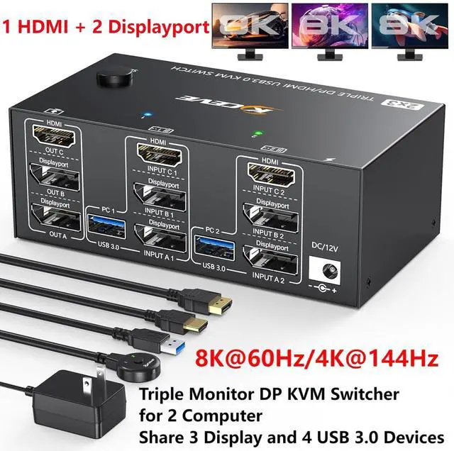 Main image of KVM Switch 3 Monitors 2 Computers 8K@60Hz 4K@144Hz, 1 HDMI + 2 Displayport KVM Switcher for 2 Computers Share Triple Monitor and 4 USB 3.0 Devices Supports Extended and Duplicate Mode giyqxHw