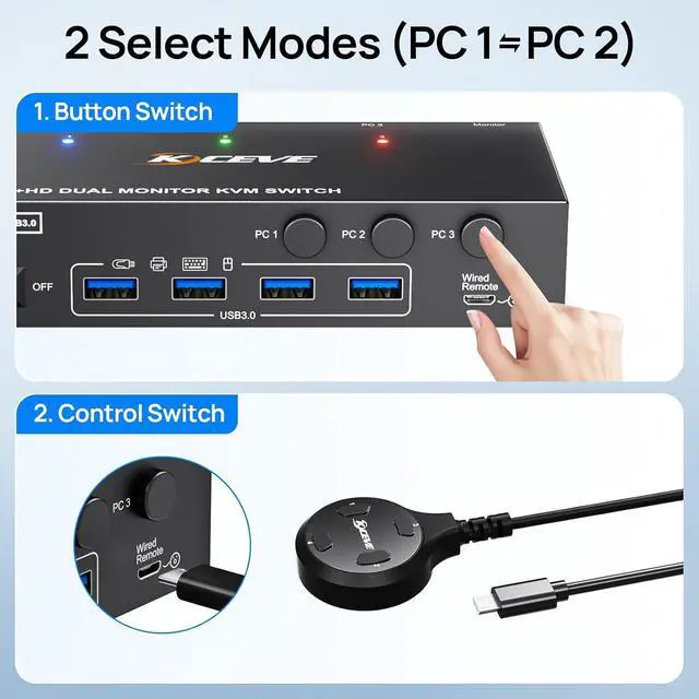 Alt view image 6 of 7 - KVM Switch 2 Monitors 3 Computers 4K@144Hz 8K@60Hz, Displayport + HDMI KVM Switches Dual Monitor for 3PC Share 2 Monitors and 4 USB3.0 Ports, Wired Remote, Power Adapter and USB Cable Included
