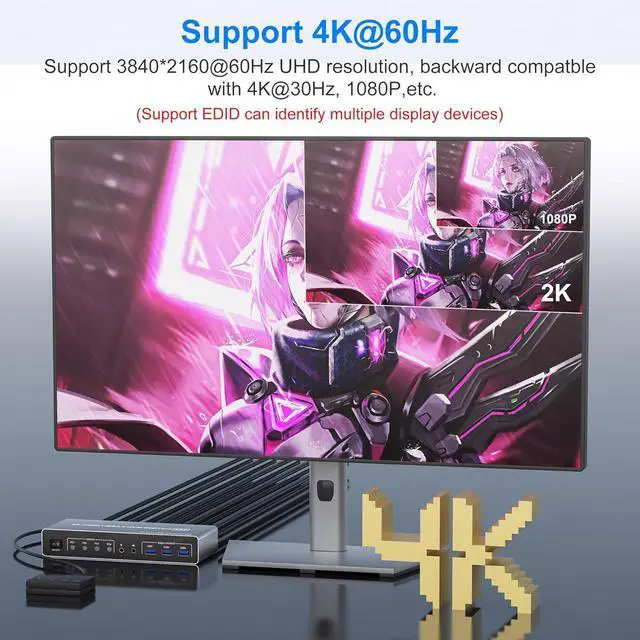 Alt view image 5 of 7 - WRIARICH USB 3.0 HDMI KVM Switch 4 Computers 2 Monitors, 4K@60Hz 4 Ports HDMI Dual Monitors KVM Switch Supports EDID, with Audio Microphone Output and 3 USB 3.0 Ports, 4 in 2 Out HDMI KVM Switches