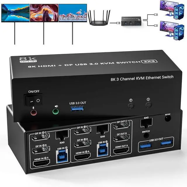 Main image of KVM Switch 3 Monitors 2 Computers Share 1000Mbps Ethernet, 8K@60Hz 2 Displayport + HDMI USB 3.0 KVM Switch Triple Monitor with 3 USB 3.0 Port and Audio & Microphone,Support Extended & Copy Mode
