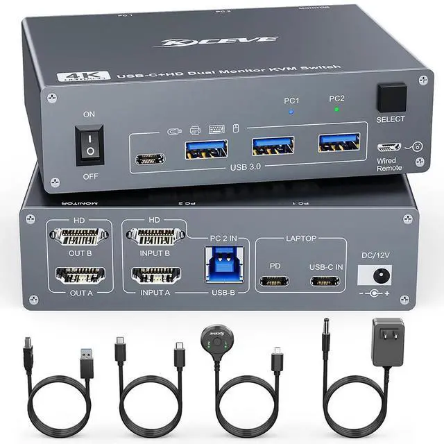 Main image of USB C HDMI Dual Monitor KVM Switch 2 Monitors 2 Computers, Dual Monitor USB 3.0 Type C KVM Switcher Supports 4K@60Hz for 2 Computers Share Keyboard, Mouse and 2 Monitors, Wired Remote included