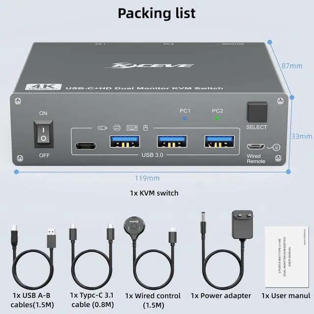 Alt view image 7 of 7 - USB C HDMI Dual Monitor KVM Switch 2 Monitors 2 Computers, Dual Monitor USB 3.0 Type C KVM Switcher Supports 4K@60Hz for 2 Computers Share Keyboard, Mouse and 2 Monitors, Wired Remote included