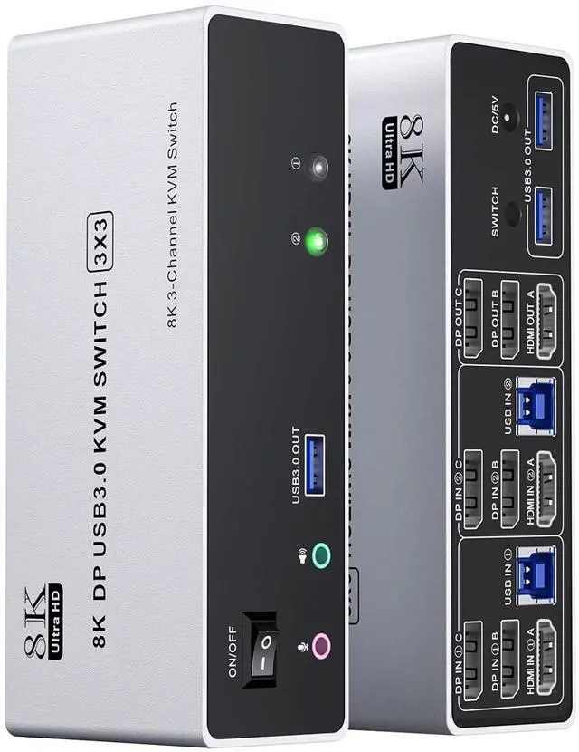 Main image of WRIARICH HDMI + 2 Dispalyport KVM Switch 3 Monitors 2 Computers 8K@30Hz 4K@120Hz, HDMI Dispalyport Triple Monitor KVM Switches with 3 USB 3.0 Port for USB Devices, Support Extended/Mirror Mode