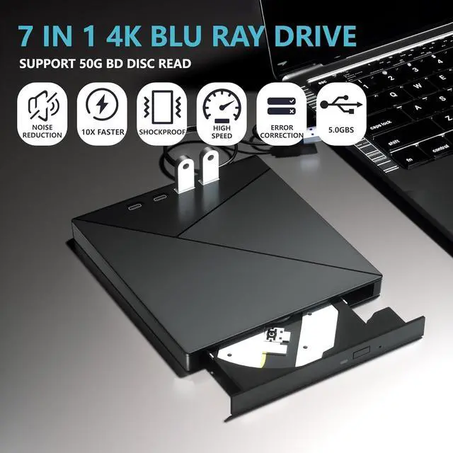 Alt view image 4 of 7 - WRIARICH 7 in 1 External Blu Ray Drive, 4K Blu Ray CD/DVD Burner with USB 3.0 Type-C Portable Blu-Ray Drive, 3D BD Player with 4 USB and SD/TF Ports, Optical Drive Compatible with Windows Linux MacOS
