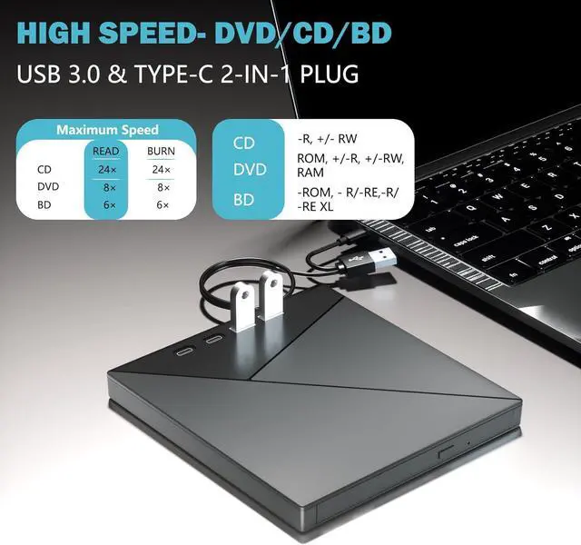 Alt view image 3 of 7 - WRIARICH 7 in 1 External Blu Ray Drive, 4K Blu Ray CD/DVD Burner with USB 3.0 Type-C Portable Blu-Ray Drive, 3D BD Player with 4 USB and SD/TF Ports, Optical Drive Compatible with Windows Linux MacOS