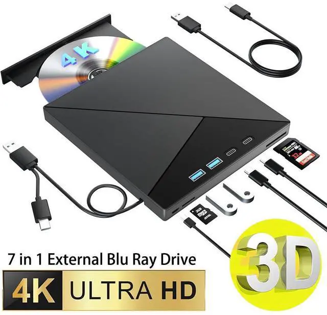 Main image of WRIARICH 7 in 1 External Blu Ray Drive, 4K Blu Ray CD/DVD Burner with USB 3.0 Type-C Portable Blu-Ray Drive, 3D BD Player with 4 USB and SD/TF Ports, Optical Drive Compatible with Windows Linux MacOS