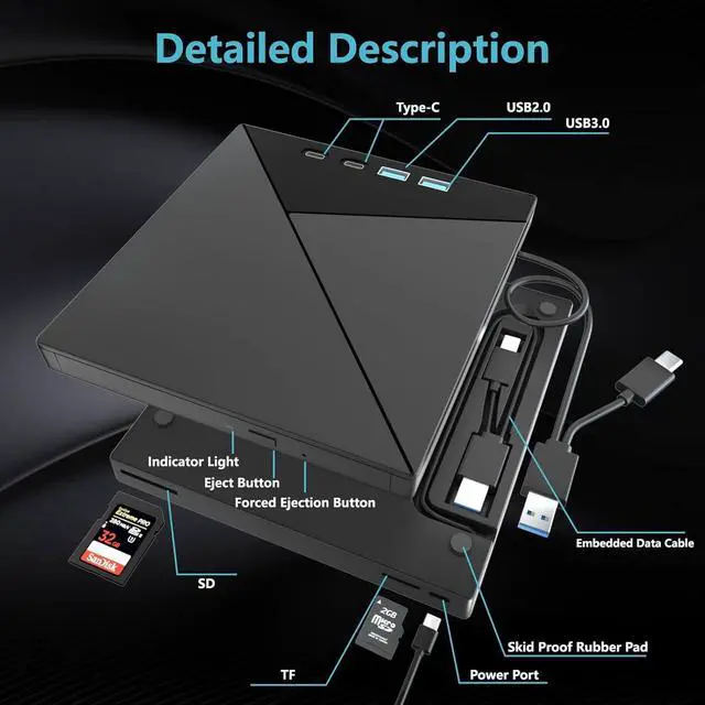 Alt view image 7 of 7 - WRIARICH 7 in 1 External Blu Ray Drive, 4K Blu Ray CD/DVD Burner with USB 3.0 Type-C Portable Blu-Ray Drive, 3D BD Player with 4 USB and SD/TF Ports, Optical Drive Compatible with Windows Linux MacOS