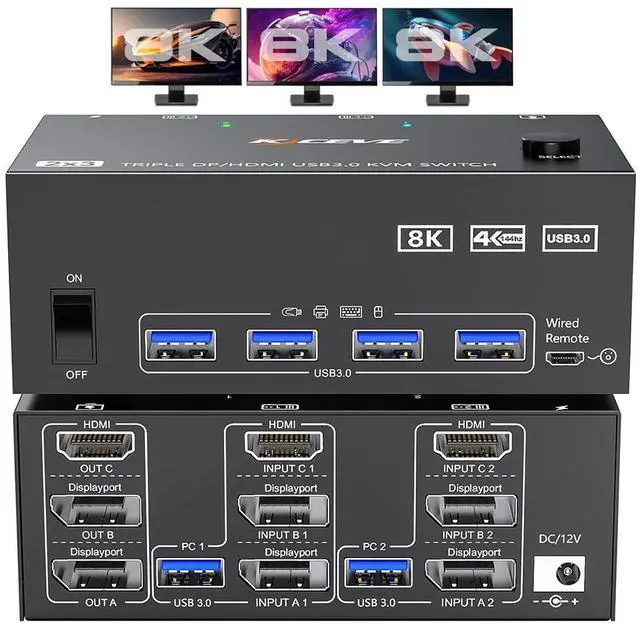Main image of KVM Switch 3 Monitors 2 Computers 8K@60Hz, 1 HDMI + 2 Displayport KVM Switch Triple Monitor for 2 Computer Share 3 Monitor and 4 USB 3.0 Port Keyboard Mouse, Wired Remote and 5 Cables Included