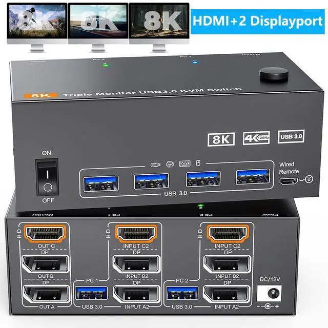 Main image of KVM Switch 3 Monitors 2 Computers 4K@144Hz 8K@60Hz, 2 Displayport + HDMI Triple Monitor USB 3.0 KVM Switches with 4 USB 3.0 Port, Wired Remote, Power Adapter and USB 3.0 Cables Included giyqxHw