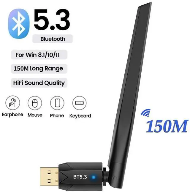 Main image of 150M Long Range USB Bluetooth 5.3 Adapter for PC Desktop, Wireless Transmitter USB Bluetooth Dongle for Windows 11/10/8.1 Laptop Computer Pair Bluetooth Headset Headphones Speaker Mouse Keyboard