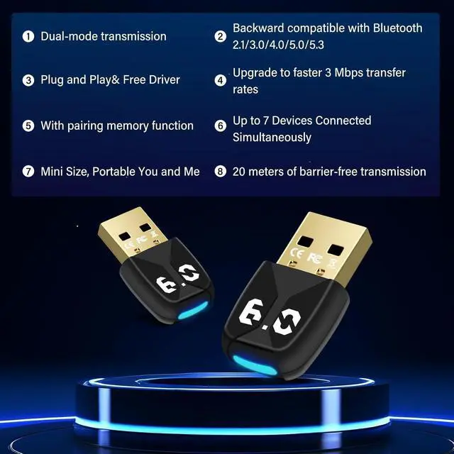 Alt view image 6 of 7 - WRIARICH USB Bluetooth 6.0 Adapter Dongle for PC, USB Bluetooth Wireless Adapter for Mouse, Keyboard, Headphones, Mobile Phone, Controller, Only for Windows 11/10/8.1, Plug & Play
