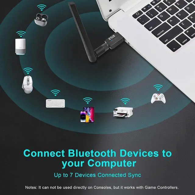 Alt view image 4 of 7 - 150M Long Range Bluetooth 5.4 Adapter for PC, Wireless USB Bluetooth Dongle w/ 5dBi Antenna for Laptop Desktop Windows 11 10 8.1 7, Plug n Play Bluetooth Headphones Headset Speaker Mouse Keyboard