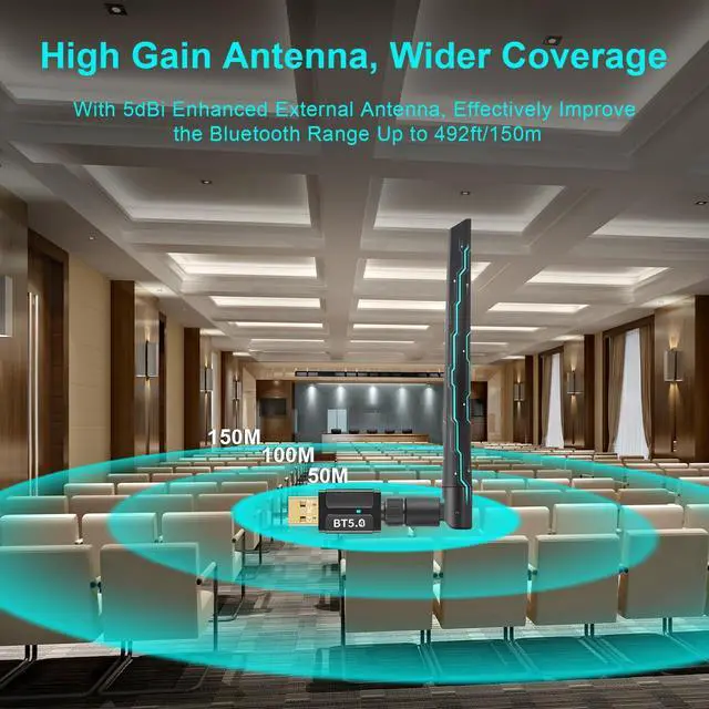 Alt view image 5 of 7 - 150M Long Range Bluetooth 5.4 Adapter for PC, Wireless USB Bluetooth Dongle w/ 5dBi Antenna for Laptop Desktop Windows 11 10 8.1 7, Plug n Play Bluetooth Headphones Headset Speaker Mouse Keyboard