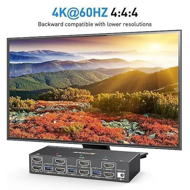 Alt view image 6 of 7 - WRIARICH HDMI KVM Switch 2 Monitors 3 Computers 4K@60Hz, EDID Emulator, Dual Monitor HDMI USB 3.0 KVM Switcher 3 in 2 Out for 3 Computers Share 2 Displays and 4 USB3.0 Devices, Included Wired Remote