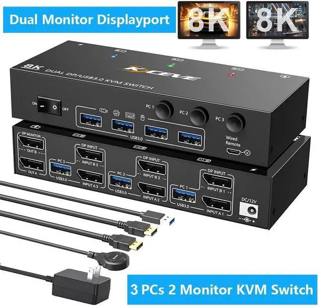 Main image of Dual Monitor Displayport KVM Switch, USB 3.0 Displayport KVM Switch 2 Monitors 3 Computers 8K@30Hz, KVM Switcher for 3 PC Share 2 Monitors and 4 USB 3.0 Devices,Wired Remote and Cables Included