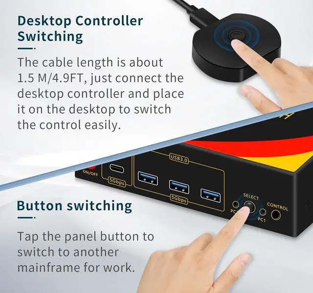 Alt view image 6 of 7 - WRIARICH 2*Displayport + 1*HDMI KVM Switches 3 Monitors 2 Computers, 8K@60HZ Triple Monitor KVM Switch for 2 PC share 3 Monitors and 4 USB Devices, Support Extended and Copy Mode, with Wired Remote