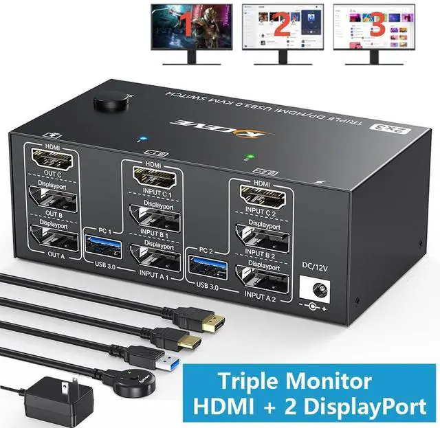 Main image of KVM Switch 3 Monitors 2 Computers 8K@60Hz 4K@144Hz, HDMI + 2 Displayport Triple Monitor KVM Switch for 2 Computer Share 3 Monitor and 4 USB 3.0 Port Keyboard Mouse,Wired Remote and USB Cables Included
