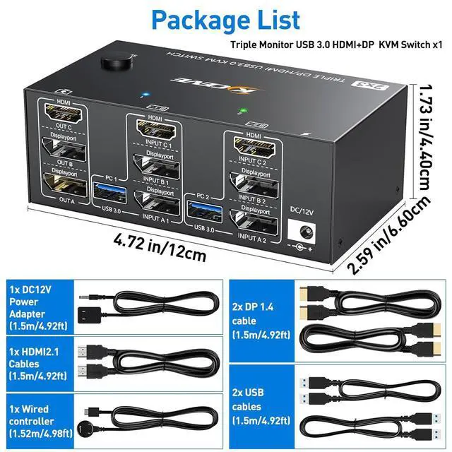 Alt view image 7 of 7 - KVM Switch 3 Monitors 2 Computers 8K@60Hz 4K@144Hz, HDMI + 2 Displayport Triple Monitor KVM Switch for 2 Computer Share 3 Monitor and 4 USB 3.0 Port Keyboard Mouse,Wired Remote and USB Cables Included