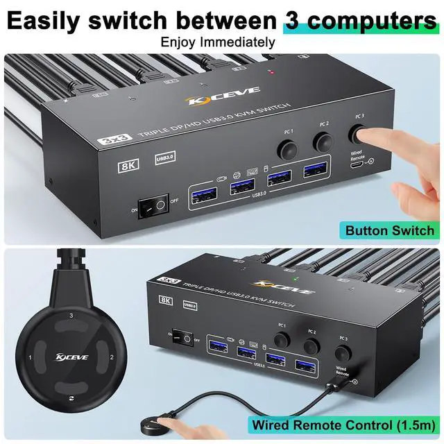 Alt view image 6 of 7 - KVM Switch 3 Monitors 3 Computers 8K@60Hz, HDMI + 2* Displayport Triple Monitor KVM Switch,3 Monitor KVM with 4 USB 3.0 Ports for Keyboard Mouse Printer, Wired Remote and Power Adapter Included