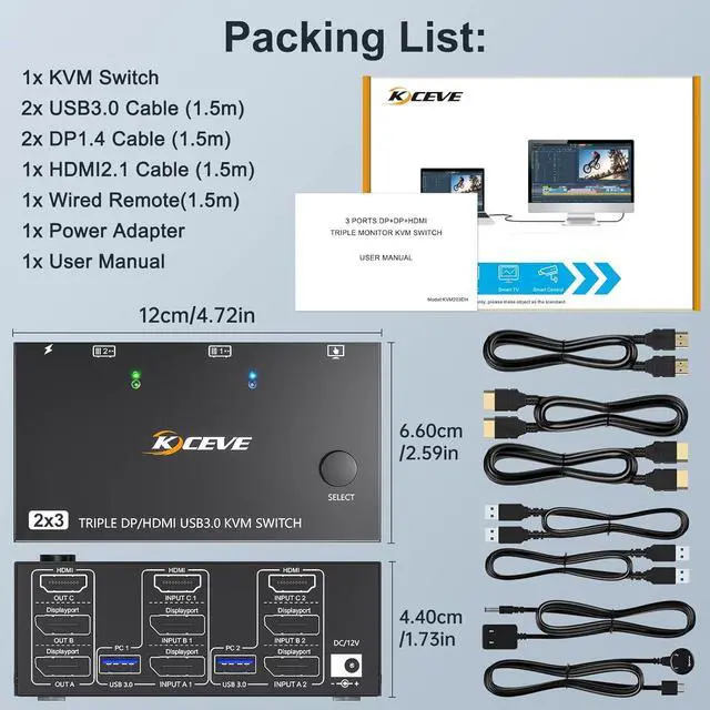 Alt view image 6 of 6 - Triple Monitor KVM Switch 3 Monitors 2 Computers 8K@60Hz 4K@144Hz, HDMI + 2 Displayport KVM Switch Triple Monitor for PC, Laptop Share 3 Monitors and 4 USB 3.0 Device, with Wired Remote and 5 Cables