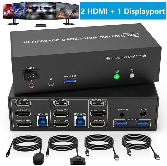 Main image of WRIARICH KVM Switch 3 Monitors 2 Computers 4K@60Hz, 2 HDMI+Displayport KVM Switch Triple Monitor for 2 Computer Share 3 Monitor, Audio Mic Port and 3 USB3.0 Devices, Wired Remote and 5V Power Adapter