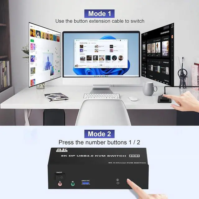 Alt view image 4 of 7 - 8K@60Hz Displayport KVM Switch Triple Monitor for 2 Computer, USB 3.0 DP KVM Switch 3 Monitors 2 Computers with Audio and 3 USB 3.0 Ports, Displayport KVM Triple Monitor Keyboard Mouse Switcher