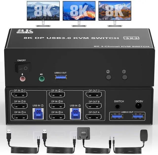 Main image of 8K@60Hz Displayport KVM Switch Triple Monitor for 2 Computer, USB 3.0 DP KVM Switch 3 Monitors 2 Computers with Audio and 3 USB 3.0 Ports, Displayport KVM Triple Monitor Keyboard Mouse Switcher