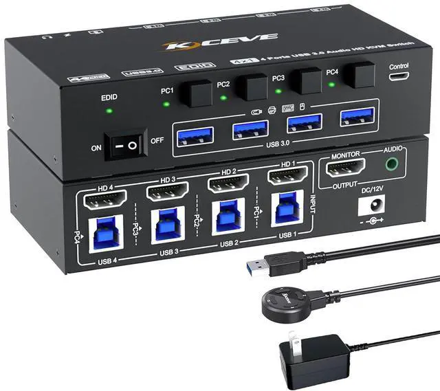 Main image of KVM Switch 4 Computers 8K@60Hz 4K@144Hz, Simulation EDID, USB 3.0 HDMI KVM Switch for 4 Computers Share 1 Monitor and Keyboard Mouse and Headset,with Wired Remote,Power Adapter and USB3.0 Cable