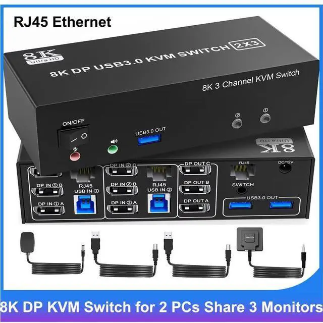 Main image of 8K@60Hz Displayport KVM Switch 3 Monitors 2 Computers 4K@144Hz, DP1.4 KVM Switches Triple Monitor for 2 PCs Share 3 Monitors, RJ45 Ethernet Splitter 1 to 2, Audio Mic Port and 3 USB 3.0 Ports