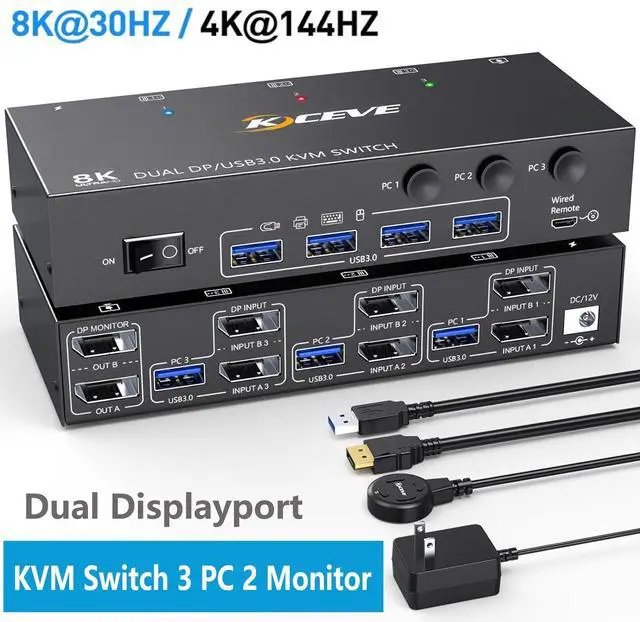 Main image of USB 3.0 Displayport KVM Switch 3 PC 2 Monitors 4K@144Hz 8K@30Hz, Dual Monitor KVM Switch 3 in 2 Out with DisplayPort 1.4 and 4 USB 3.0 Ports for 2 PC/Laptops, with DP+USB Cable and Desktop Controller