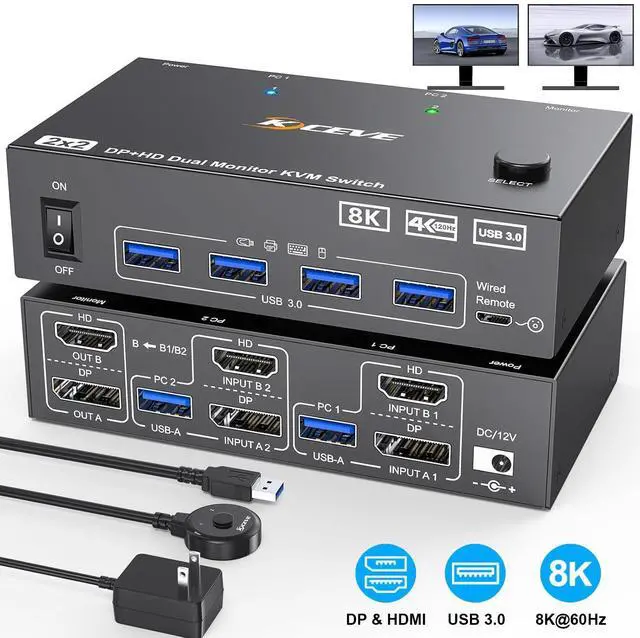 Main image of 8K Dual Monitor KVM Switch Supports 8K@60Hz/4K@144Hz DisplayPort & HDMI KVM Switches for 2 Computers Share 2 Monitors, USB 3.0 Hub with 4 Ports, Includes 1.5M Remote Control & 12V Power Supply