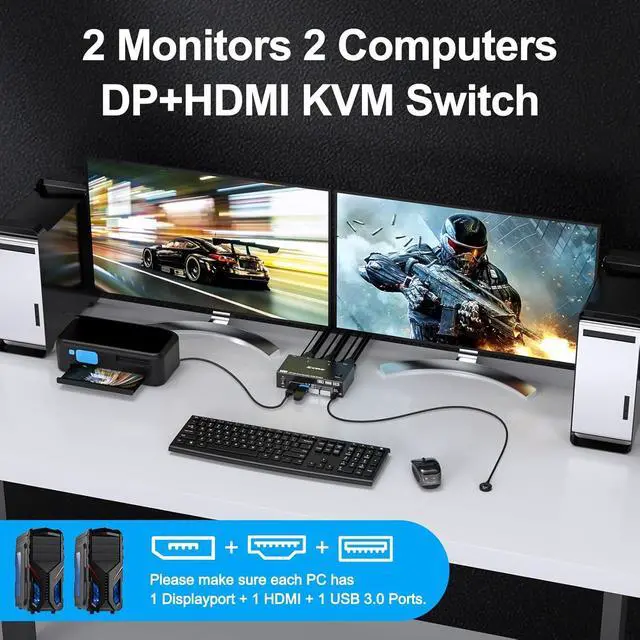 Alt view image 2 of 7 - 8K Dual Monitor KVM Switch Supports 8K@60Hz/4K@144Hz DisplayPort & HDMI KVM Switches for 2 Computers Share 2 Monitors, USB 3.0 Hub with 4 Ports, Includes 1.5M Remote Control & 12V Power Supply