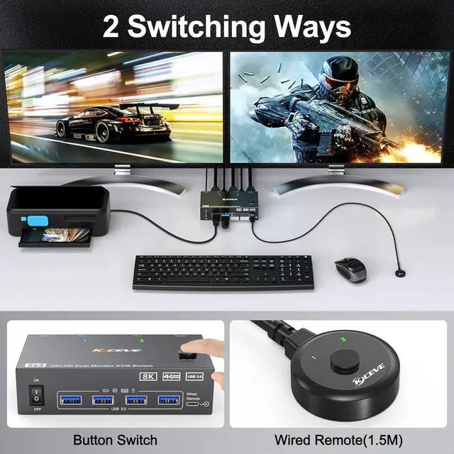 Alt view image 7 of 7 - 8K Dual Monitor KVM Switch Supports 8K@60Hz/4K@144Hz DisplayPort & HDMI KVM Switches for 2 Computers Share 2 Monitors, USB 3.0 Hub with 4 Ports, Includes 1.5M Remote Control & 12V Power Supply