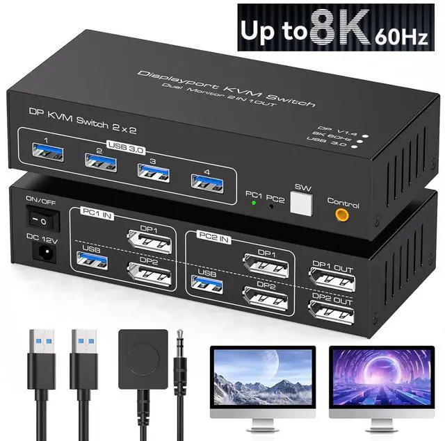 Main image of 8K@60Hz/4K@120Hz Displayport KVM Switch 2 PC 2 Monitors, USB 3.0 DP 1.4 KVM Switch for 2 Computers Share Dual Monitor and 4 USB Devices Supports Extended Mode and Copy Mode, with Wired Remote