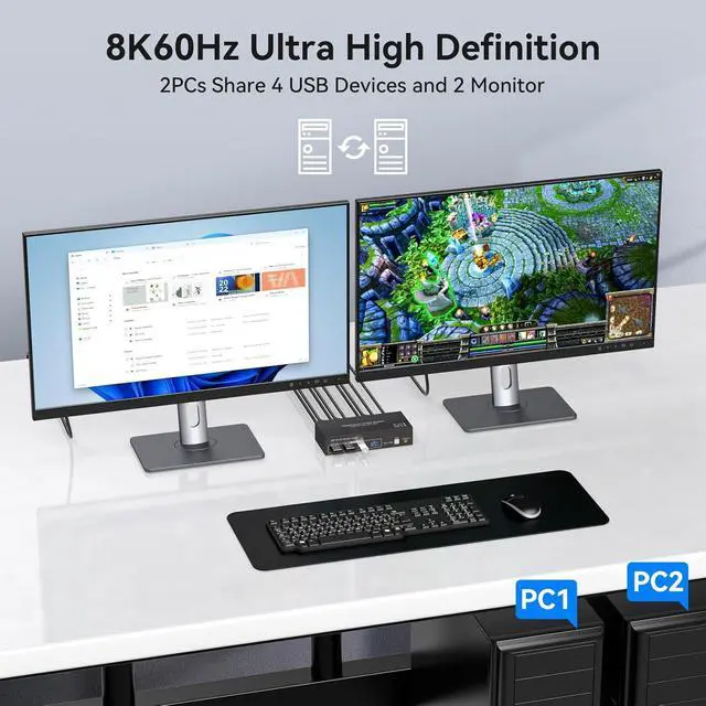 Alt view image 4 of 6 - 8K@60Hz/4K@120Hz Displayport KVM Switch 2 PC 2 Monitors, USB 3.0 DP 1.4 KVM Switch for 2 Computers Share Dual Monitor and 4 USB Devices Supports Extended Mode and Copy Mode, with Wired Remote