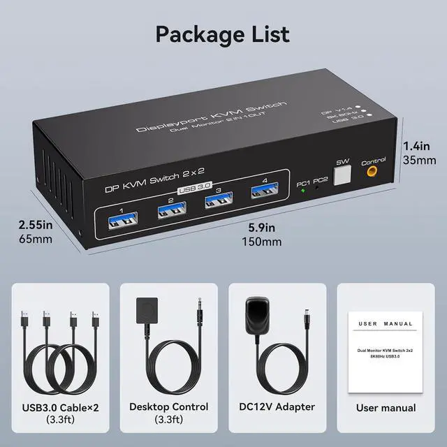 Alt view image 6 of 6 - 8K@60Hz/4K@120Hz Displayport KVM Switch 2 PC 2 Monitors, USB 3.0 DP 1.4 KVM Switch for 2 Computers Share Dual Monitor and 4 USB Devices Supports Extended Mode and Copy Mode, with Wired Remote
