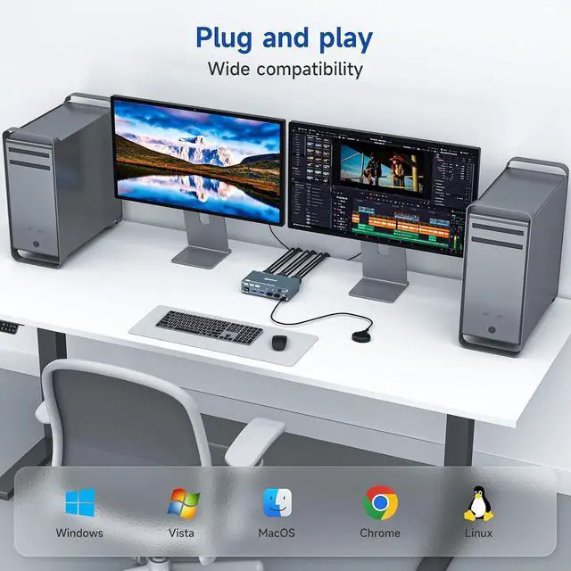 Alt view image 2 of 7 - WRIARICH 2 Ports HDMI + Displayport KVM Switch 2 Computers 2 Monitors, 4K@60Hz KVM Switcher Dual HDMI Monitor for 2 PCs , with 4 USB 3.0 Ports, Support Extended/Mirror Mode, with Desktop Controller