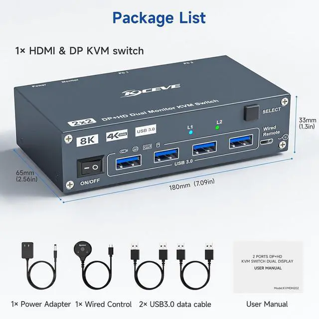 Alt view image 7 of 7 - WRIARICH 2 Ports HDMI + Displayport KVM Switch 2 Computers 2 Monitors, 4K@60Hz KVM Switcher Dual HDMI Monitor for 2 PCs , with 4 USB 3.0 Ports, Support Extended/Mirror Mode, with Desktop Controller