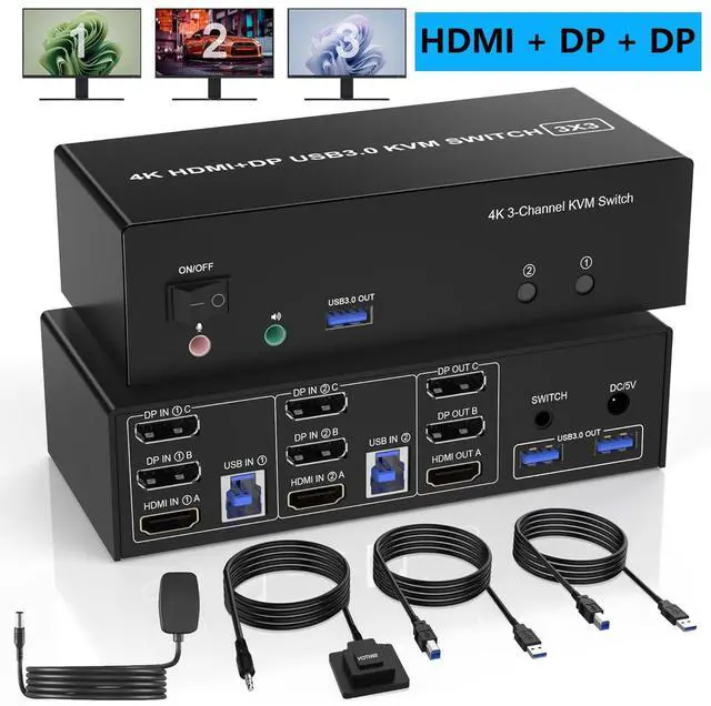 Main image of WRIARICH USB 3.0 HDMI + 2 DisplayPort KVM Switch 3 Monitors 2 Computers, 4K@60Hz Triple Monitor KVM Switch for 2 Computers 3 Monitors with 3 USB 3.0 Ports and Audio Microphone, Keyboard Mouse Switcher